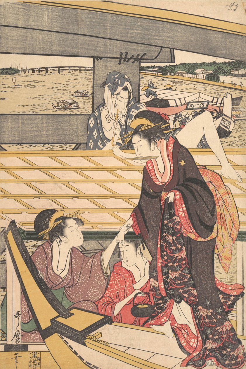 Huvijuhlat veneissä Sumida-joella Ryogokun sillan alla, n. 1796. tekijältä Kitagawa Utamaro