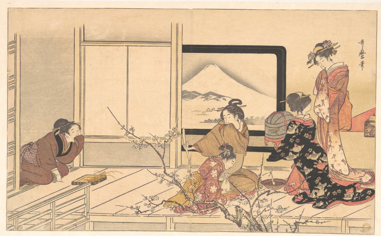 ”Kerttusen ruoan valmistaminen”, albumista Miesten tömistystanssi tekijältä Kitagawa Utamaro