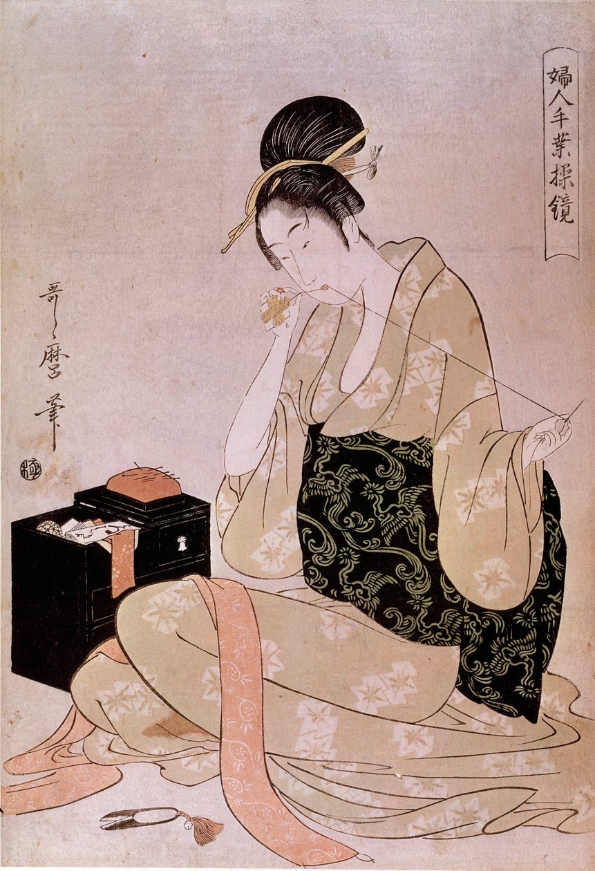 Ompelu, naisten käsityösarja: coutiriere-leikkauslanka hampaineen Japanilainen printti Utamaro Kitagawa (1753-1806). Himmeä. 0,37x0,26 m. 1700-luvulla. Pariisi, Guimetin museo, Aasian taiteen kansallinen museo tekijältä Kitagawa Utamaro