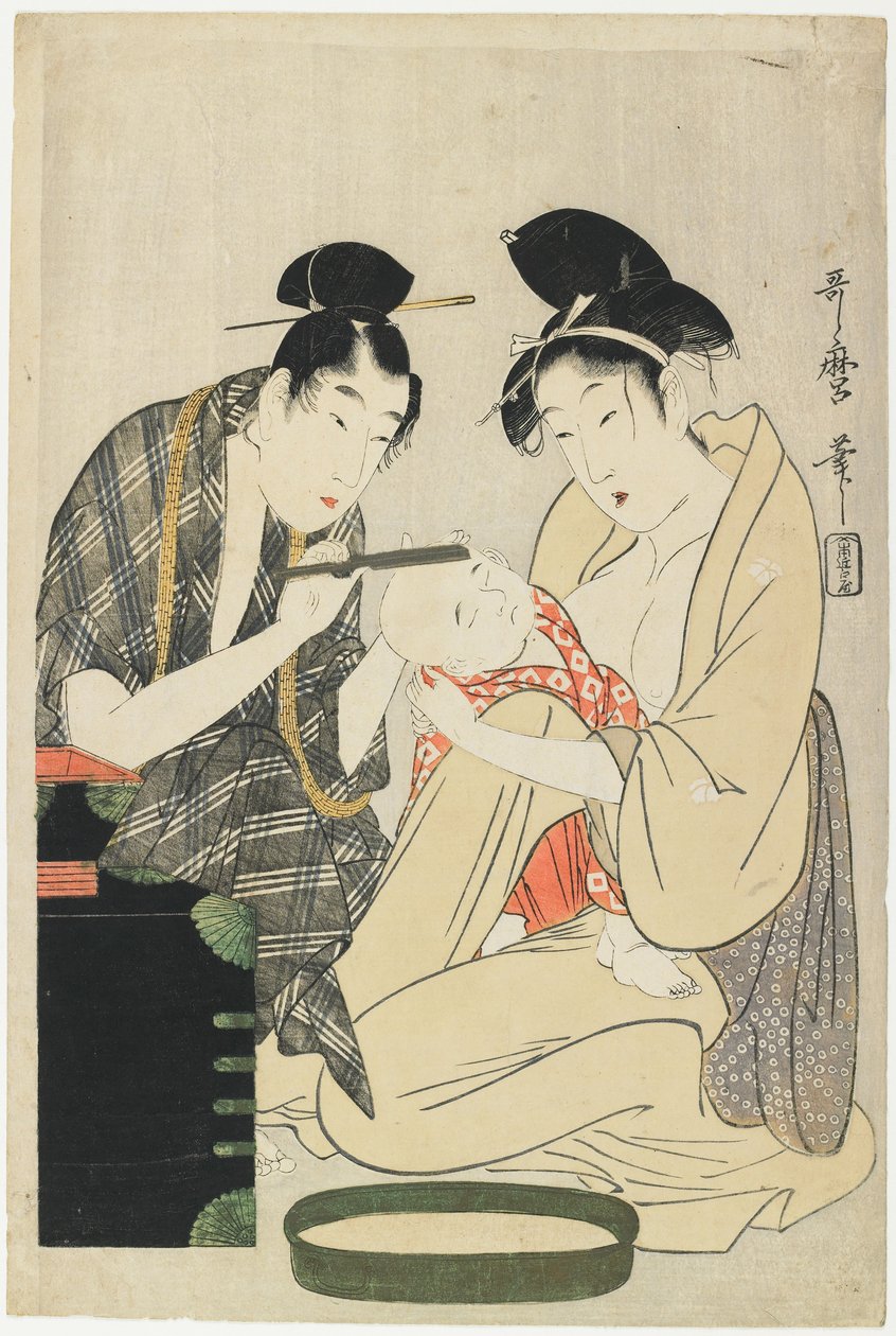 Pojan pään ajelu, Edo-kausi, noin 1801 (värillinen puupiirros). tekijältä Kitagawa Utamaro