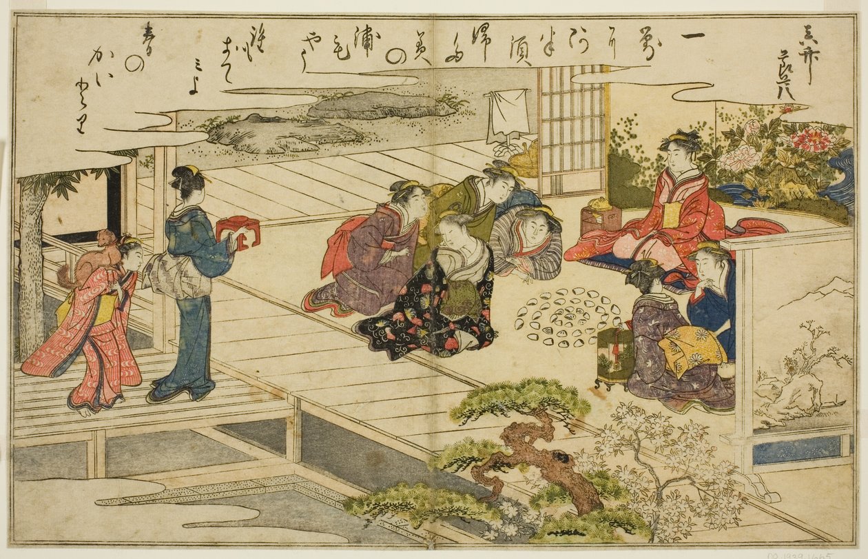 Shell-Matching Game, kuvitetusta kirjasta "Gifts from the Ebb Tide (Shiohi no tsuto)" tekijältä Kitagawa Utamaro