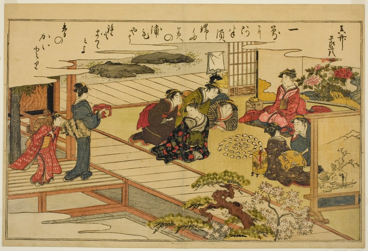 Shell-Matching Game, kuvitetusta kirjasta "Gifts from the Ebb Tide (Shiohi no tsuto)" tekijältä Kitagawa Utamaro