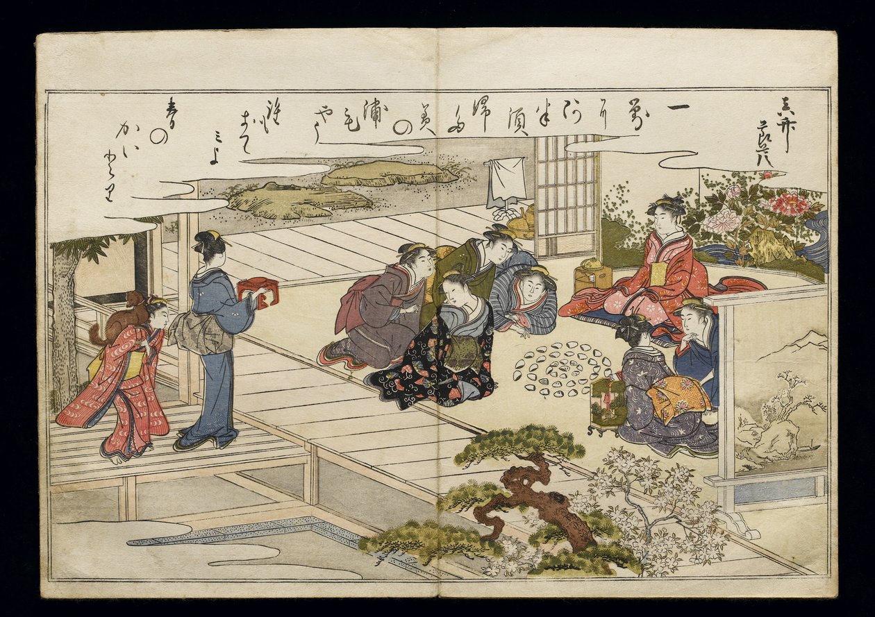 Shiohi no tsuto (lahjoja Ebb Tidesta), joka tunnetaan nimellä Shell Book, 1789 (värillinen puupainatus) tekijältä Kitagawa Utamaro