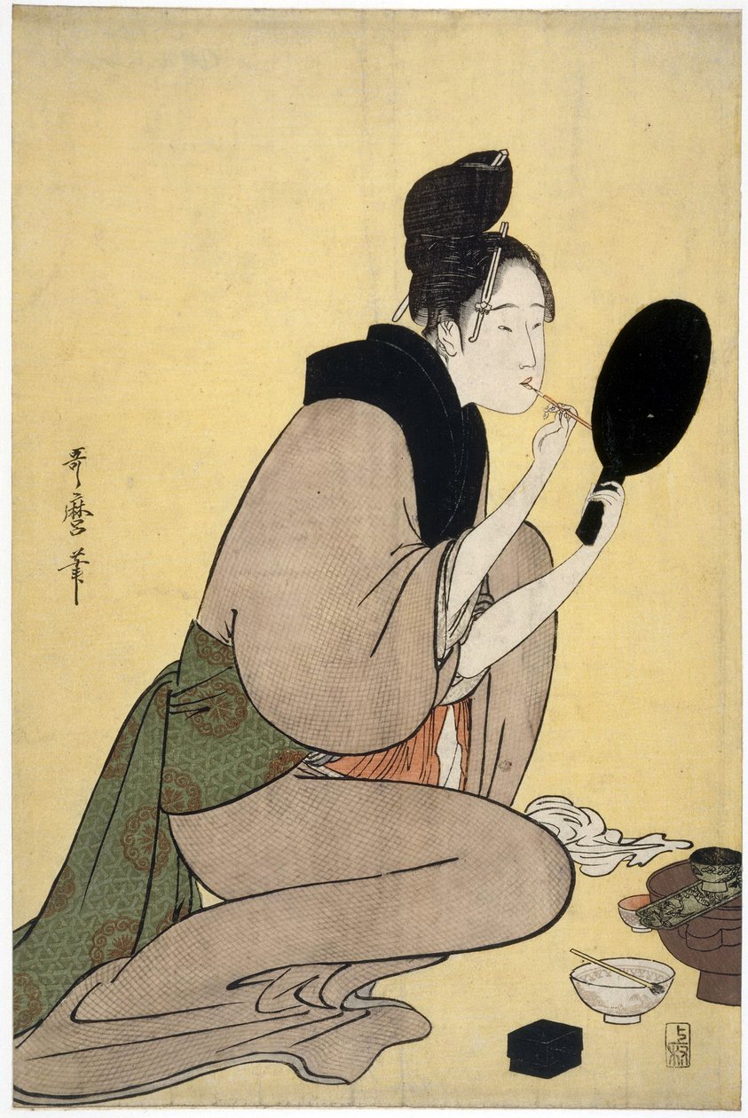 Kauneudesta: nainen meikkaa huuliaan - Bijin-ga. Tyttö meikkaa huuliillaan, Utamaro, Kitagawa (1753-1806), - Värillinen puupiirros, 37,7x25,2 - Yksityiskokoelma tekijältä Kitagawa Utamaro