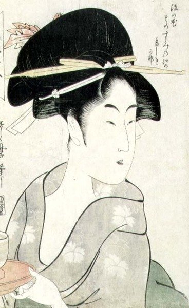 T H Riches 1913 Rintakuva naisesta pitelemässä teekuppia sarjasta "Meisho Koshikake Hakkei" (puukiviprintti) tekijältä Kitagawa Utamaro