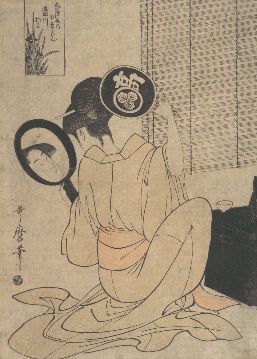 Takashima Ohisa kahdella peilillä havainnoimaan naamioaan, n. 1795. tekijältä Kitagawa Utamaro