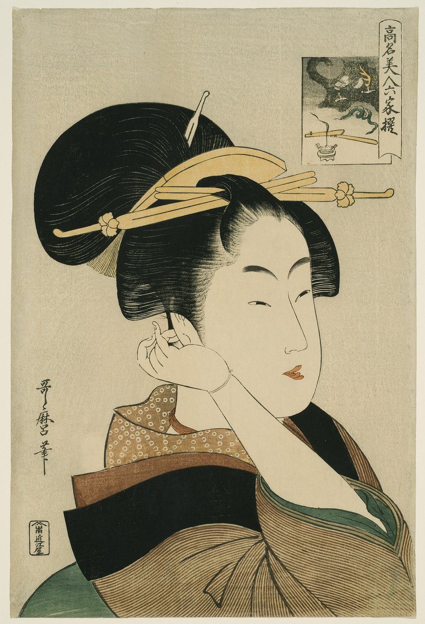 Tatsumi Roko, sarjasta "Kuuteen kuolemattomaan runoilijaan verratut kaunottaret" ("Komei bijin rokkasen") tekijältä Kitagawa Utamaro