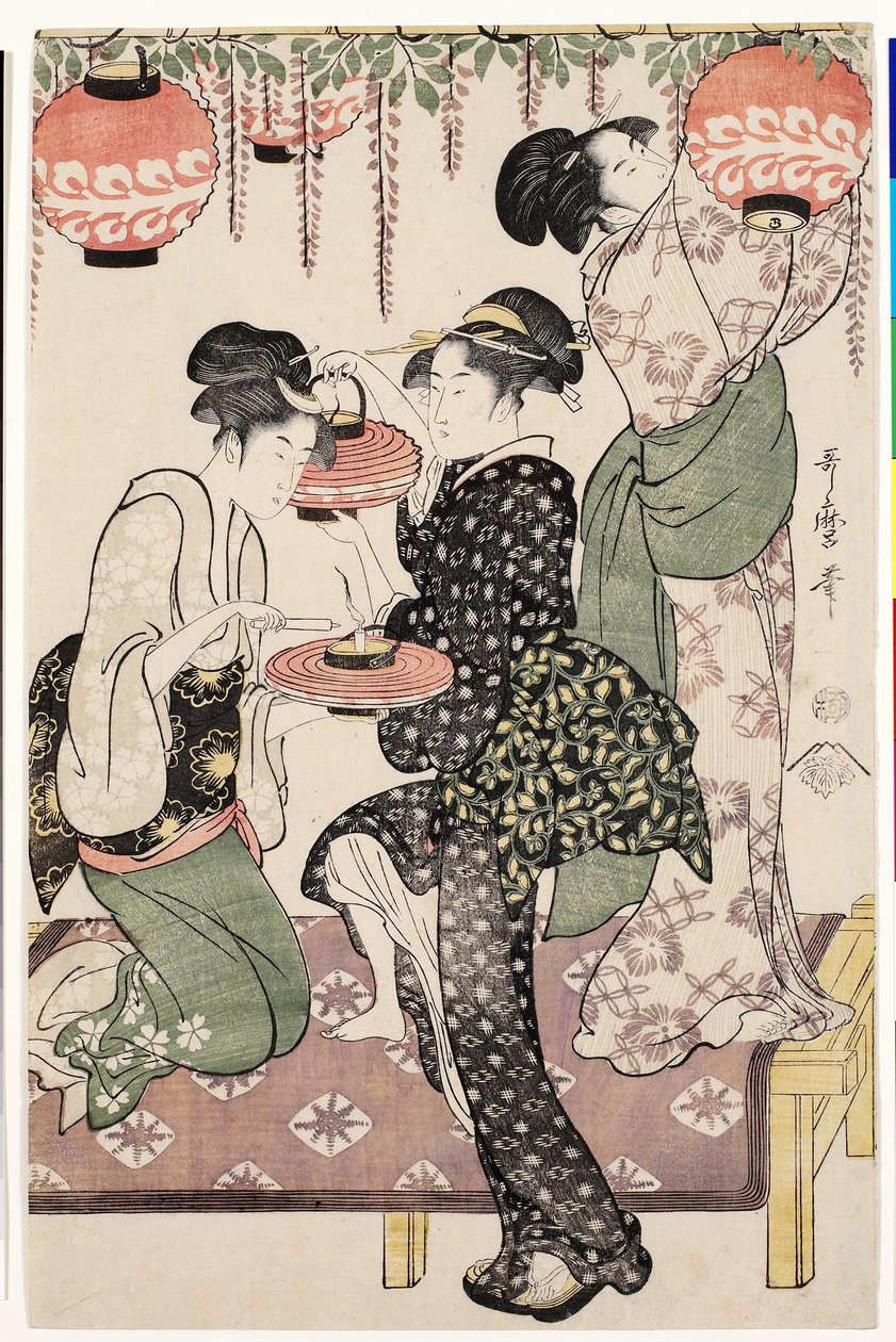 Teehuonetytöt wistaria espalierin alla, 1795 tekijältä Kitagawa Utamaro