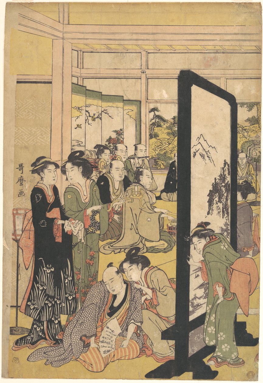 Taiteilija Kitao Masanobu rentoutuu juhlissa tekijältä Kitagawa Utamaro