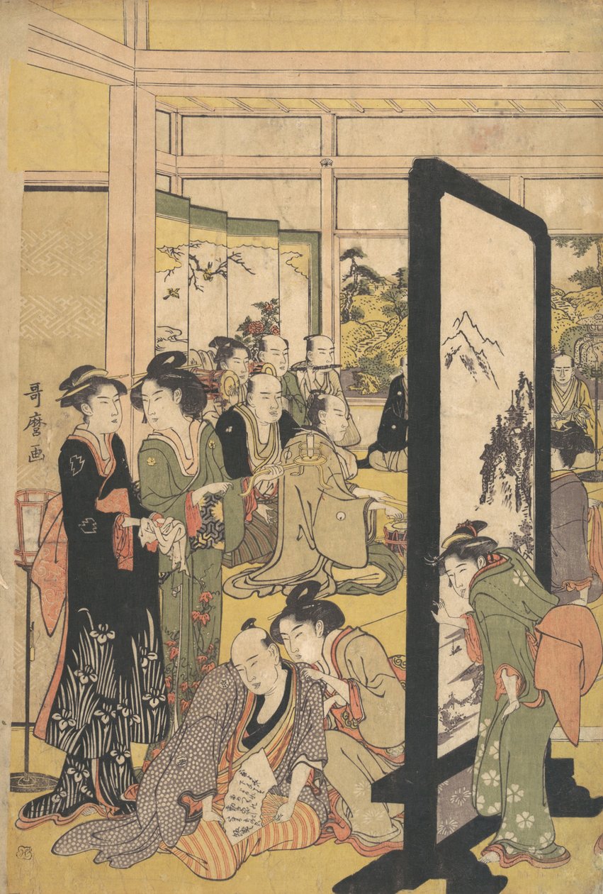 Taiteilija Kitao Masanobu rentoutumassa juhlissa, 1790-luku. tekijältä Kitagawa Utamaro