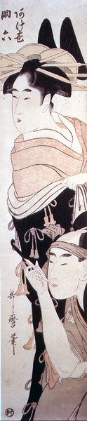 Kurtisaani Agemaki ja hänen Gallant Sukerokunsa, n. 1797-1798 (värillinen puupalikkaprintti) tekijältä Kitagawa Utamaro