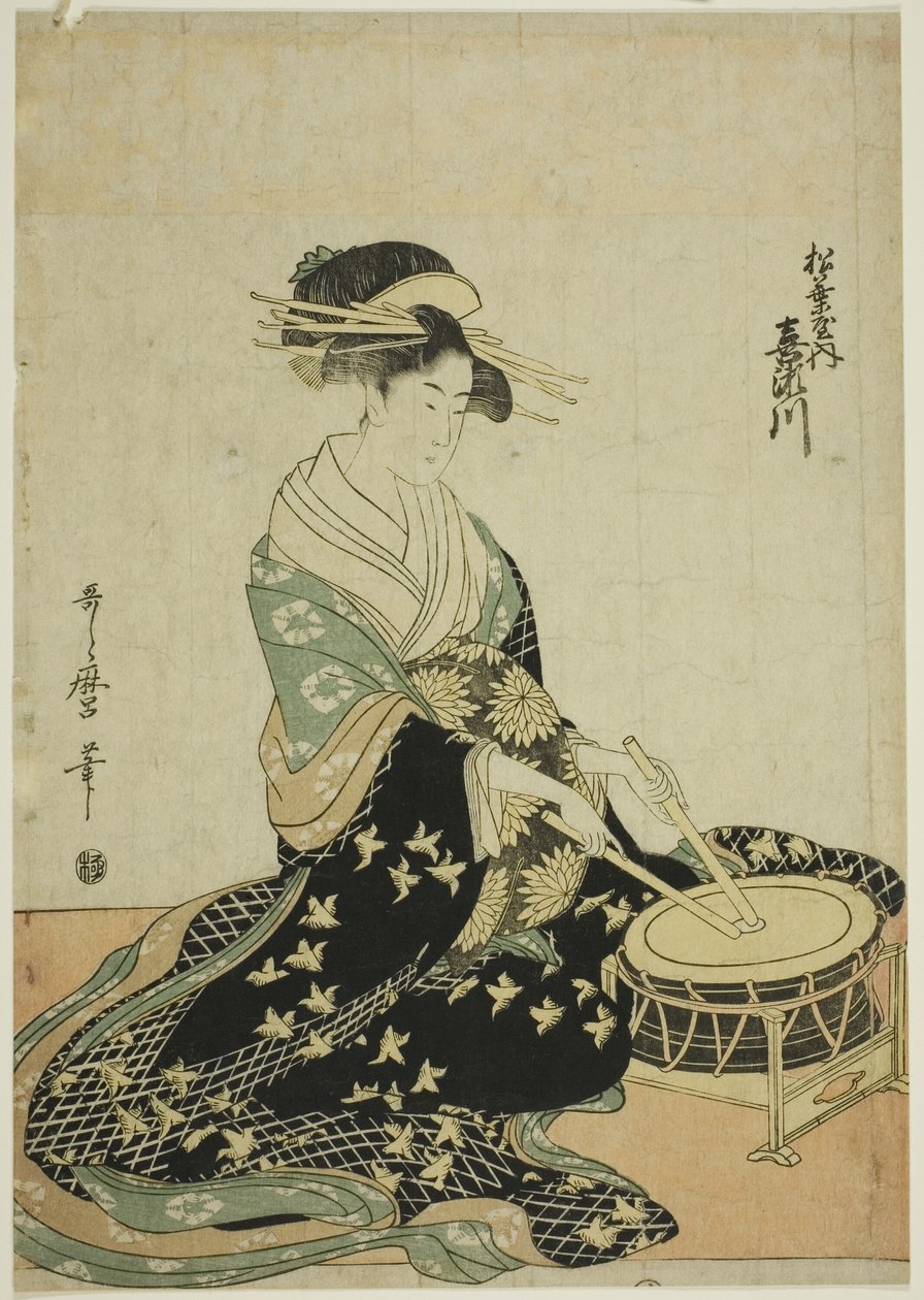 Matsubayan kurtisaani Kisegawa, nimettömästä sarjasta Matsubayan kurtisaaneja viitenä muusikkona tekijältä Kitagawa Utamaro