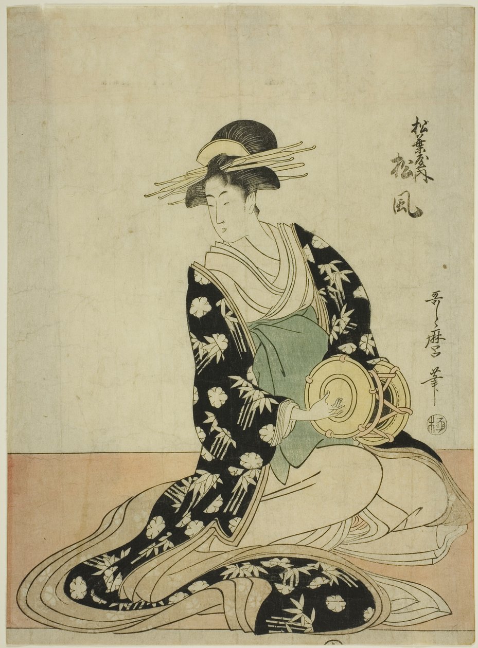 Matsubayan kurtisaani Matsukaze, nimettömästä sarjasta Matsubayan kurtisaaneja viitenä muusikkona tekijältä Kitagawa Utamaro