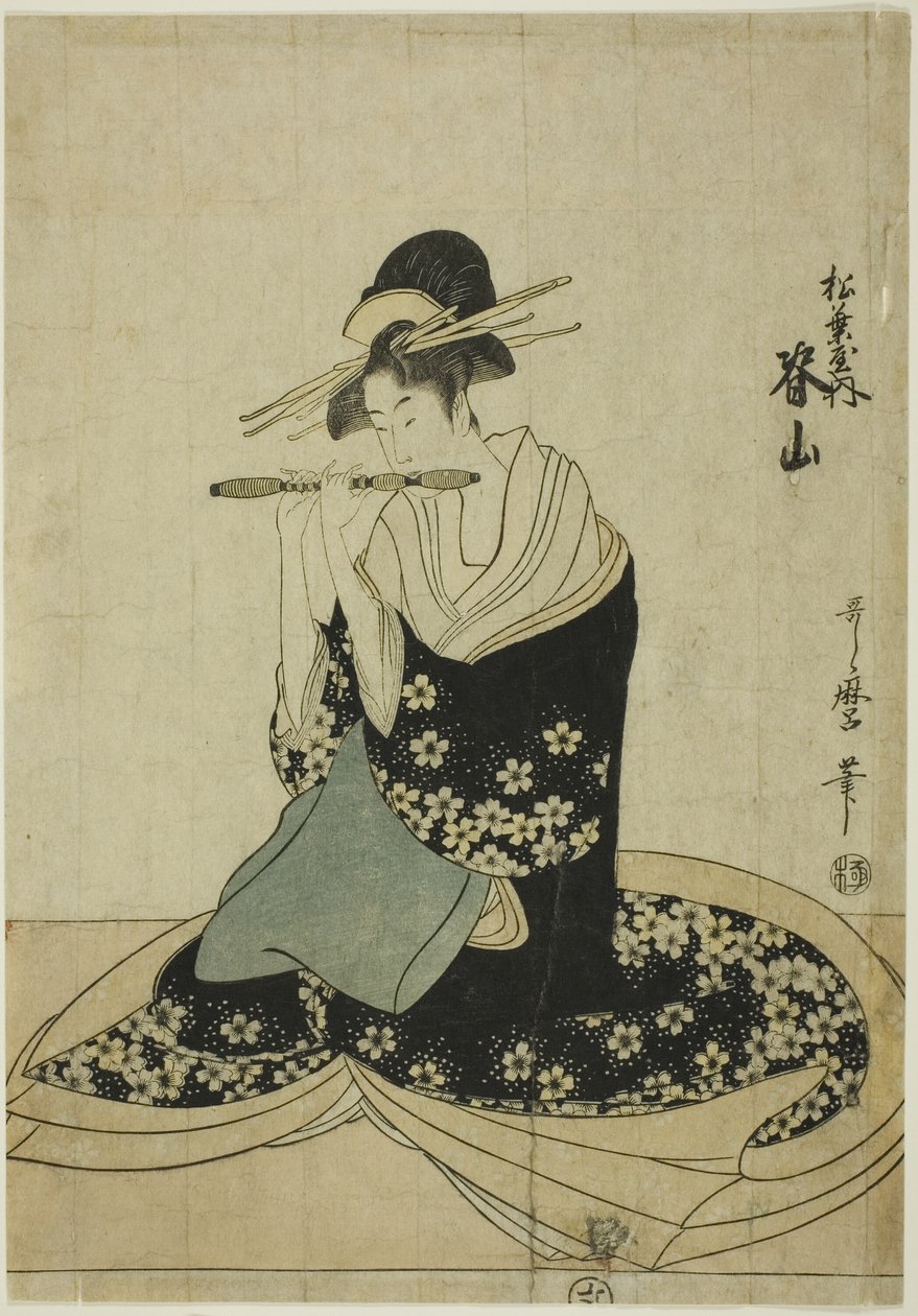 Matsubayan kurtisaani Seyama, nimettömästä Matsubayan kurtisaanien sarjasta viitenä muusikkona tekijältä Kitagawa Utamaro