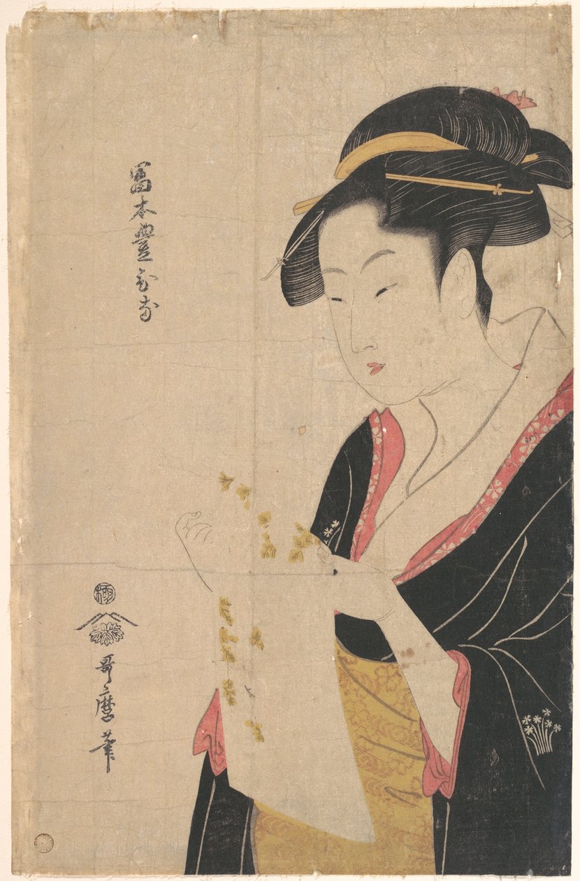 Lady Tomimoto Toyohina lukee kirjettä tekijältä Kitagawa Utamaro