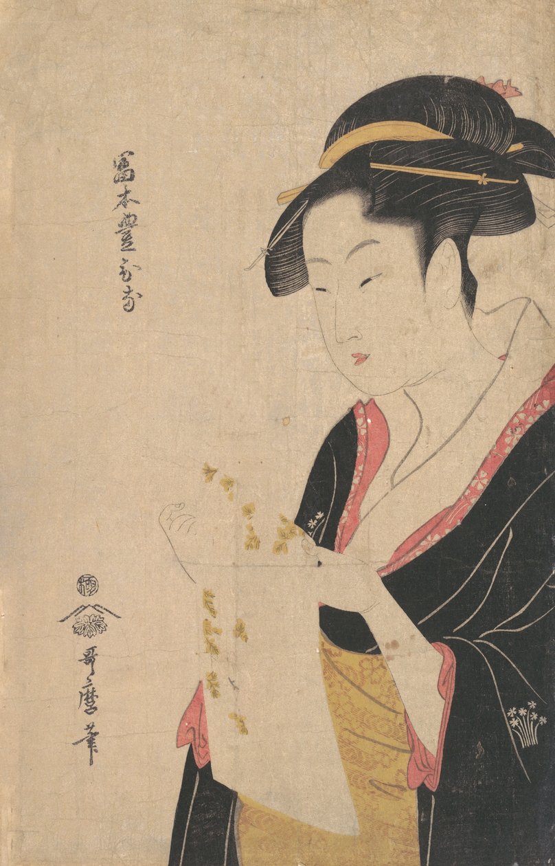 Lady Tomimoto Toyohina lukemassa kirjettä, 1790. tekijältä Kitagawa Utamaro