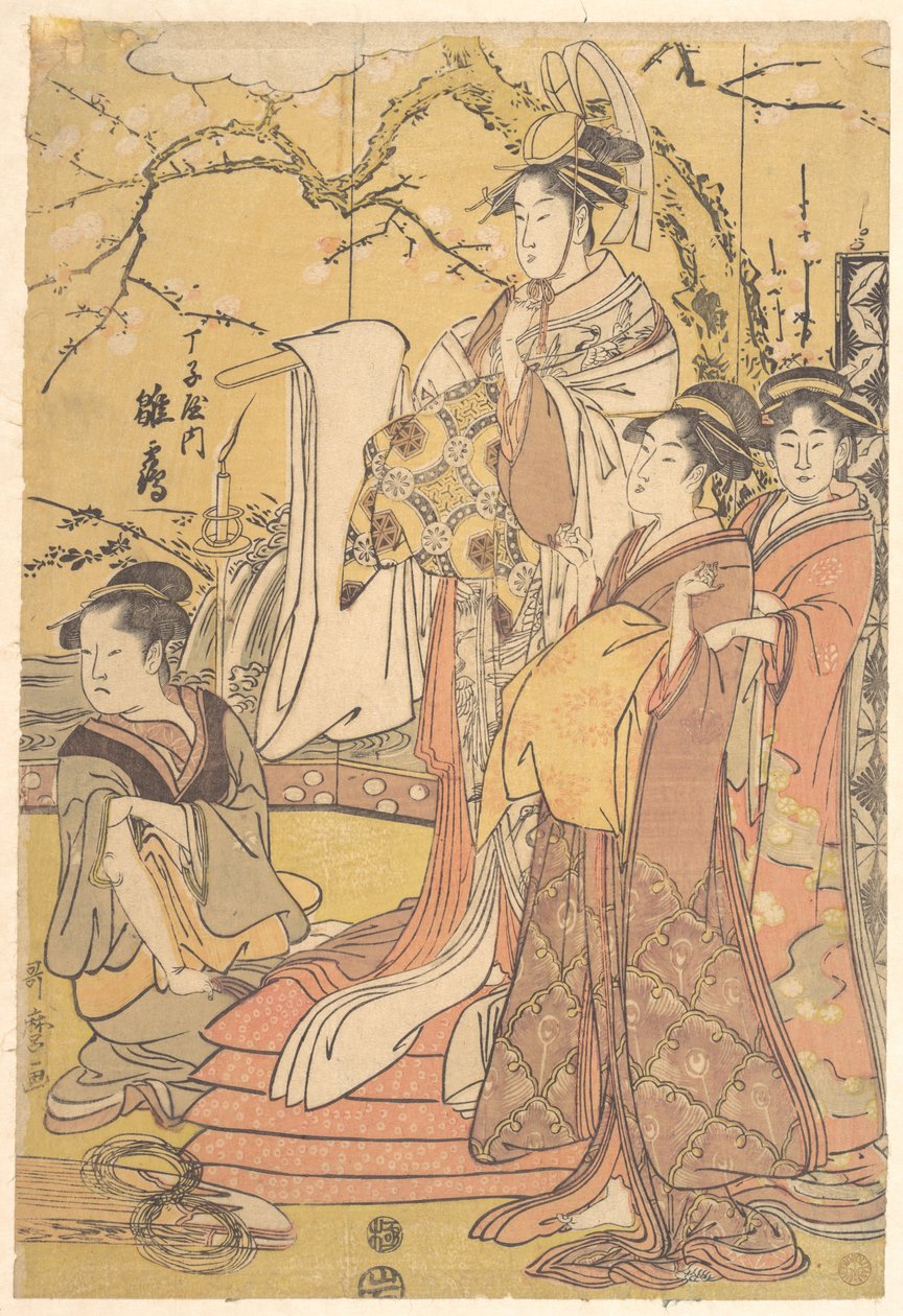 Chojiya-talon oiran Hinazuru seisomassa futonpinon päällä tekijältä Kitagawa Utamaro
