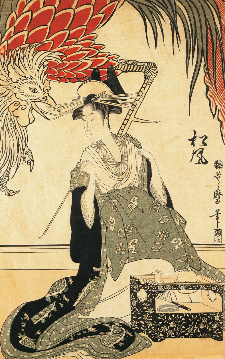 Kitagawa Utamaron puupiirros Oiran Matsuzake piipulla tekijältä Kitagawa Utamaro
