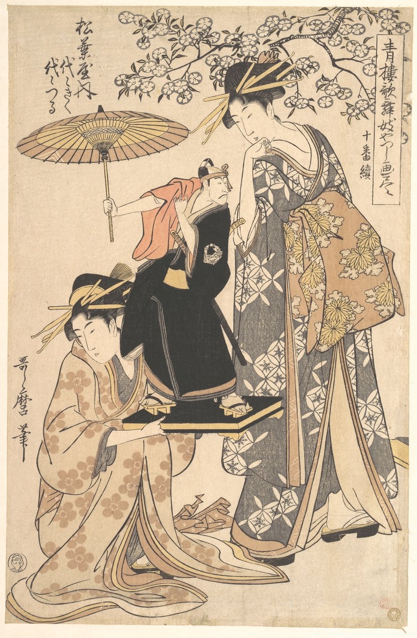 Matsubayan oiran Yoyogiku seisoo kirsikkapuun alla tekijältä Kitagawa Utamaro