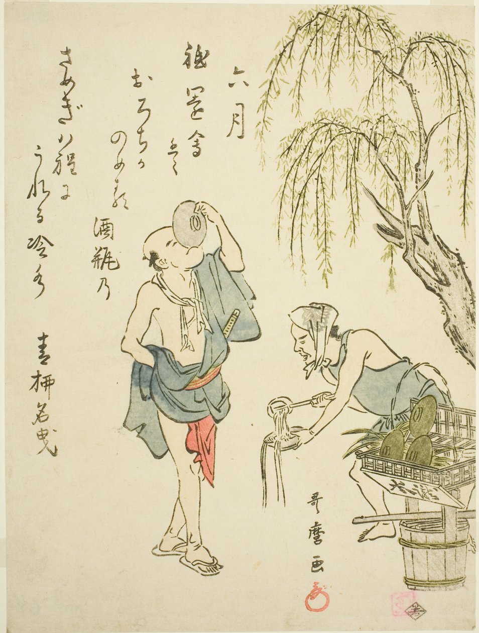 Kuudes kuukausi (Rokugatsu), nimettömästä genrekohtausten sarjasta kahdentoista kuukauden aikana, kyoka-runoilla tekijältä Kitagawa Utamaro