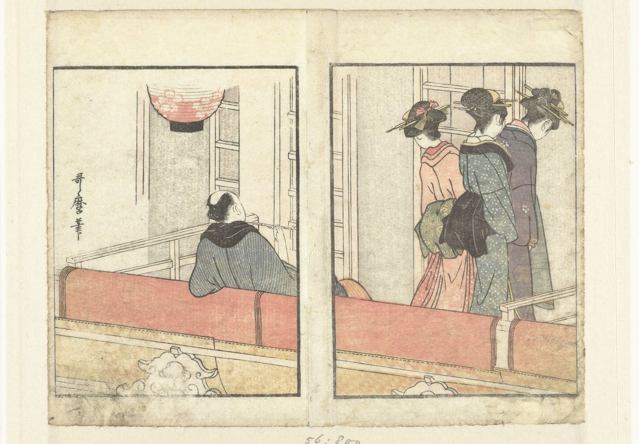 Teatterimaja Katsaus näyttelijöiden kulissien taakse (sarjan nimi) Yakusha gakuya tsu (sarjan nimi) tekijältä Kitagawa Utamaro