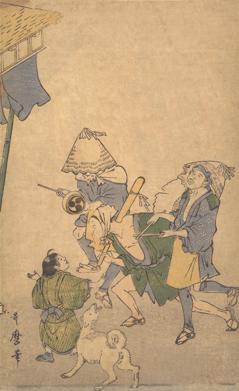 Kolme alempien luokkien juhlijaa, yllään Komuso-hatut..., 1700-luvun loppu - 1800-luvun alku. tekijältä Kitagawa Utamaro