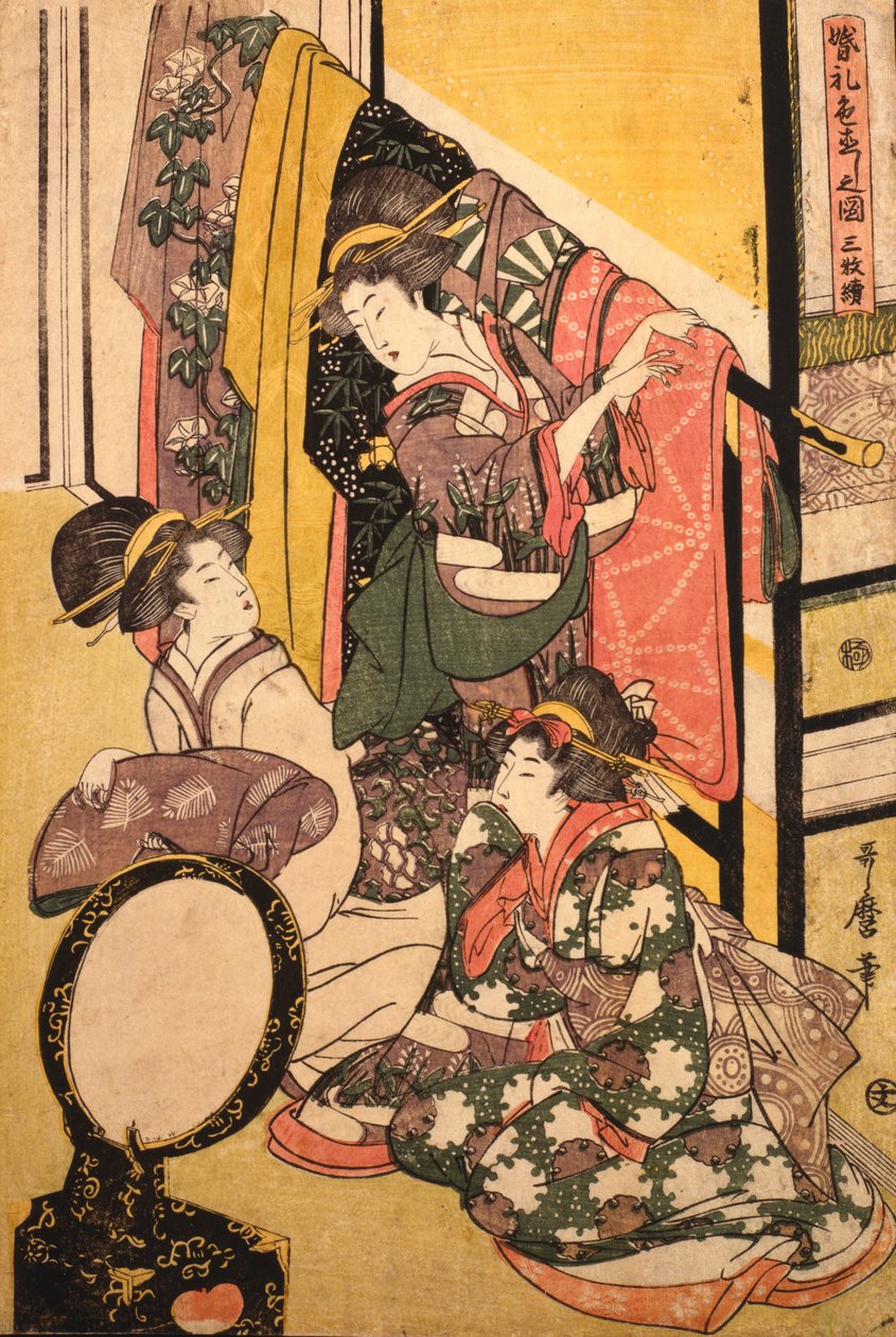 Kolme tyttöä vaatekaupassa tekijältä Kitagawa Utamaro