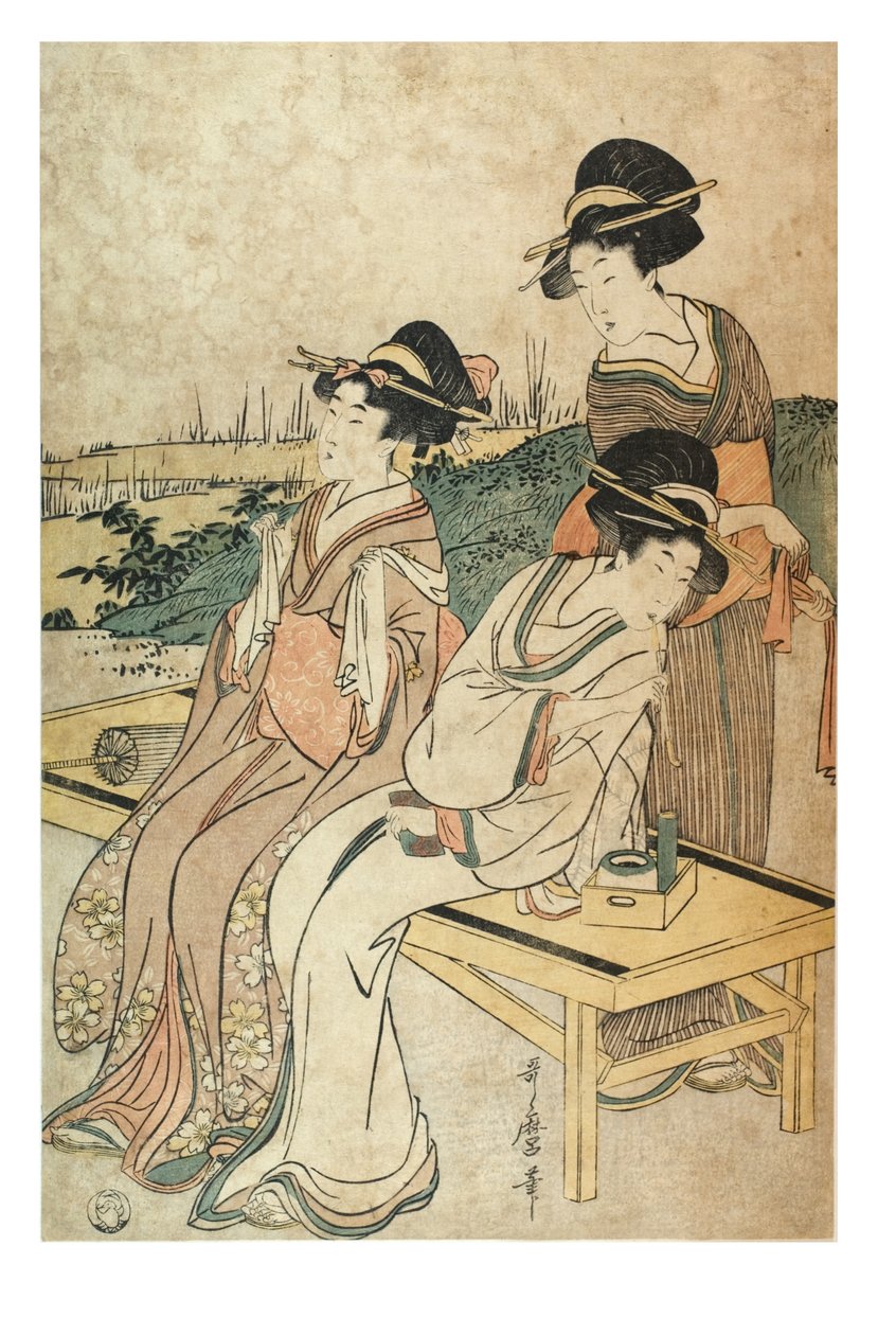 Kolme naista maisemassa, vapaa-ajalla, n. 1800-1801 (puupainatus paperille) tekijältä Kitagawa Utamaro