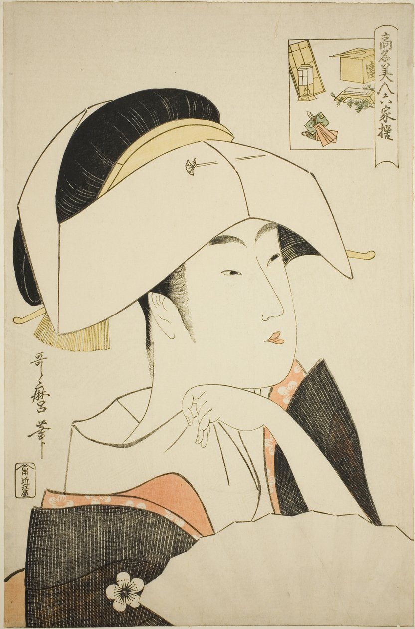 Tomimoto Toyohina, sarjasta Tunnetut kaunokaiset verrataan kuuteen kuolemattomaan runoilijaan (Komei bijin rokkasen) (Tomimoto Toyohina) (kuva-arvoitus) tekijältä Kitagawa Utamaro