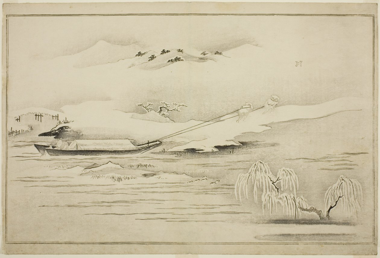 Proomun hinaus lumessa, albumilta The Silver World tekijältä Kitagawa Utamaro