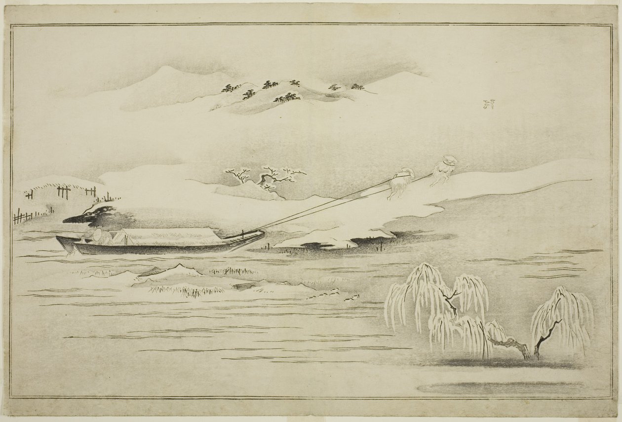 Proomun hinaus lumessa, albumilta The Silver World, 1790 tekijältä Kitagawa Utamaro