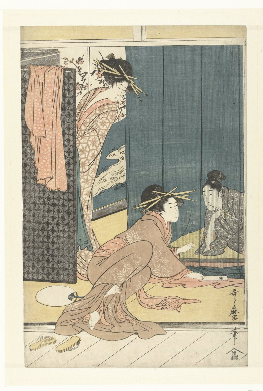 Kaksi kurtisaania ja nuori mies hyttysverkon alla tekijältä Kitagawa Utamaro