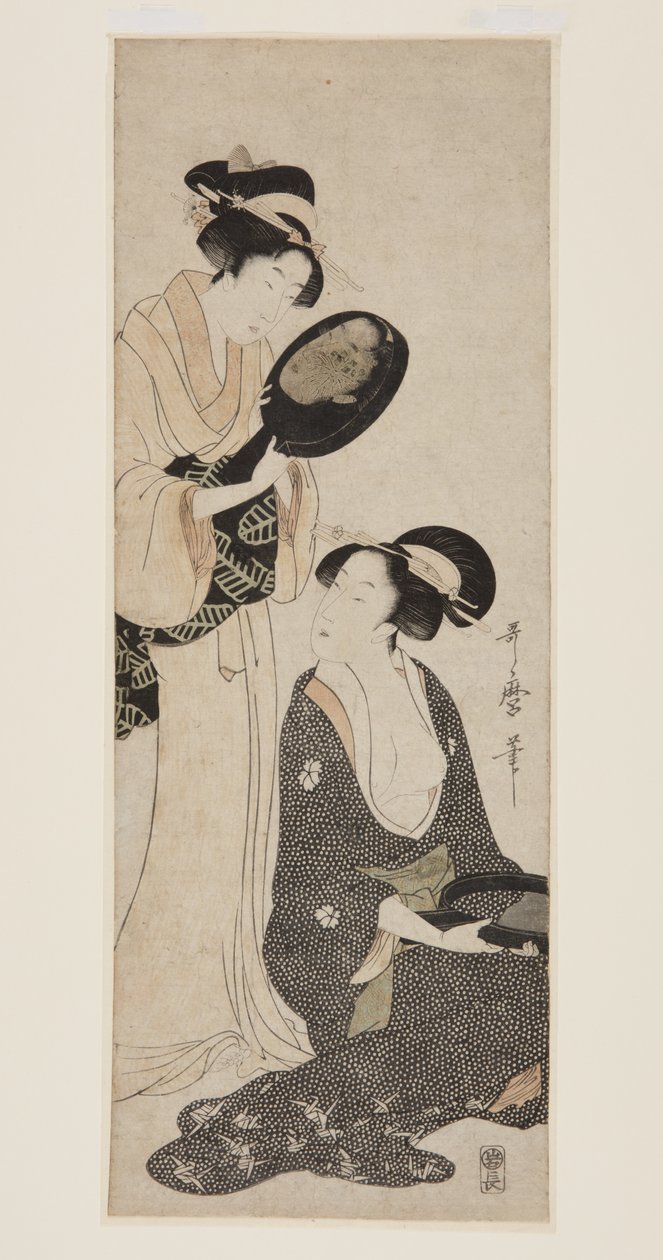 Kaksi naista, kummallakin osa lakattua peiliä (värillinen puupainatus) tekijältä Kitagawa Utamaro