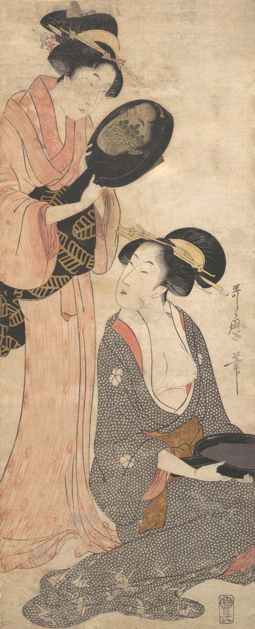 Kaksi naista, molemmilla osa lakattua peiliä, 1790-luku. tekijältä Kitagawa Utamaro