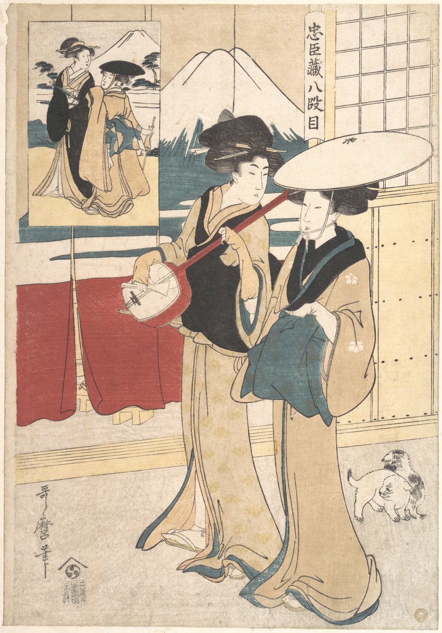 Kaksi tori-oita eli Eta-luokkaan kuuluvaa kiertävää naismuusikkoa tekijältä Kitagawa Utamaro