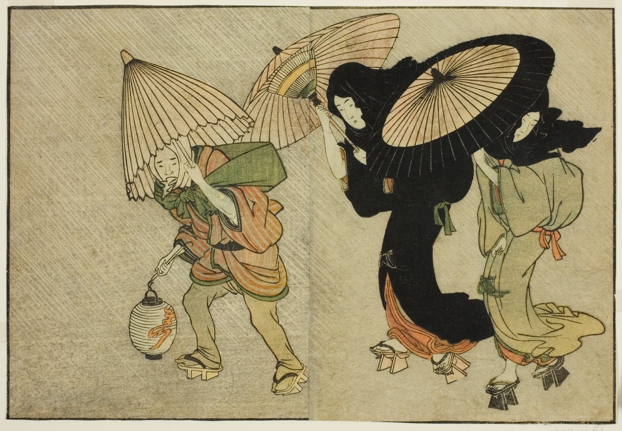Kaksi naista ja hoitaja, joutuivat myrskyyn, kuvitetusta kirjasta "Picture Book: Flowers of the Four Seasons (Ehon shiki no hana)," voi. 2 tekijältä Kitagawa Utamaro