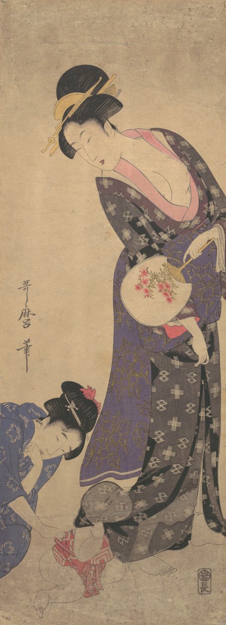 Kaksi naista ja vauva, joka leikkii lattialla, n. 1793. tekijältä Kitagawa Utamaro