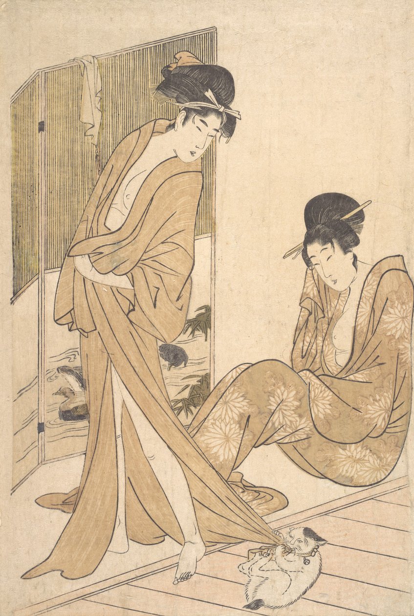 Kaksi nuorta naista käärittynä yukataan kylvyn jälkeen, n. 1796. tekijältä Kitagawa Utamaro