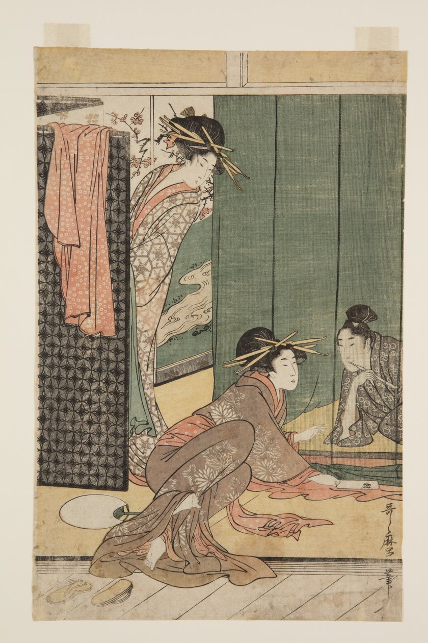 Kaksi kurtisaania ja nuori mies hyttysverkon alla (värillinen puupalikkaprintti) tekijältä Kitagawa Utamaro