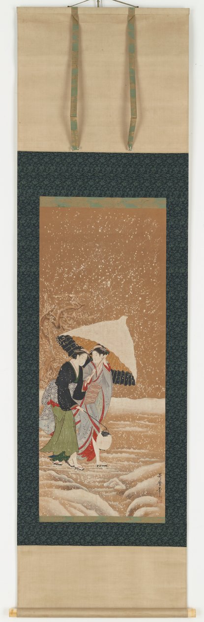 Kaksi tyttöä sateenvarjon alla lumimyrskyssä, 1753-1806. tekijältä Kitagawa Utamaro