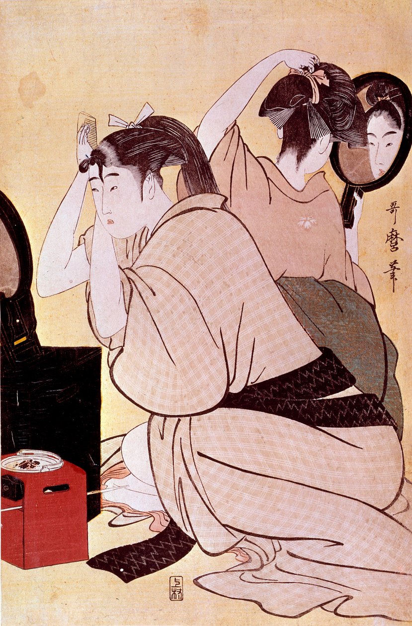 Kahdella naisella on hiustyylinsä: toinen katselee itseään miroissa ja toinen kampaa japanilaista Utamaro Kitagawan (1753-1806) printtiä. Aurinko. 0,38x0,25 m. 1794-1795. Pariisi, Guimetin museo, Aasian taiteen kansallinen museo tekijältä Kitagawa Utamaro