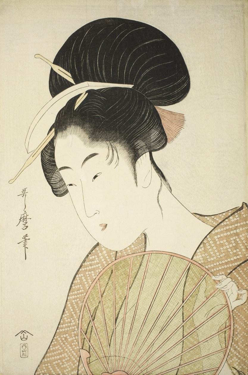 Nainen, jolla on pyöreä tuuletin, n. 1797 tekijältä Kitagawa Utamaro