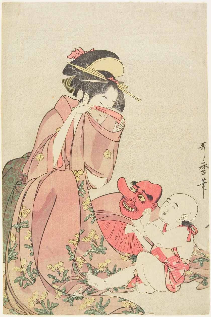 Nainen leikkii tengu-naamion pukeutuneen lapsen kanssa tekijältä Kitagawa Utamaro