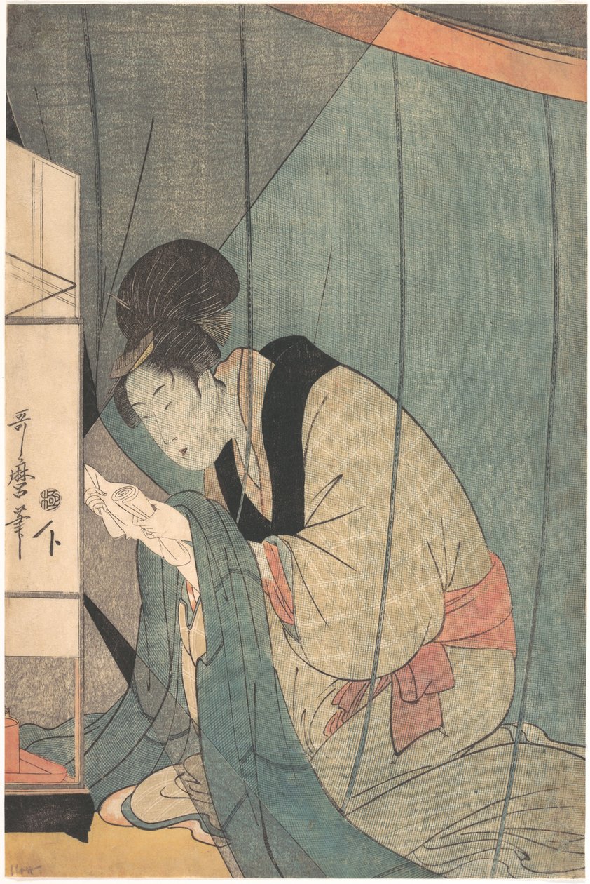 Nainen lukemassa kirjettä hyttysverkon alla tekijältä Kitagawa Utamaro