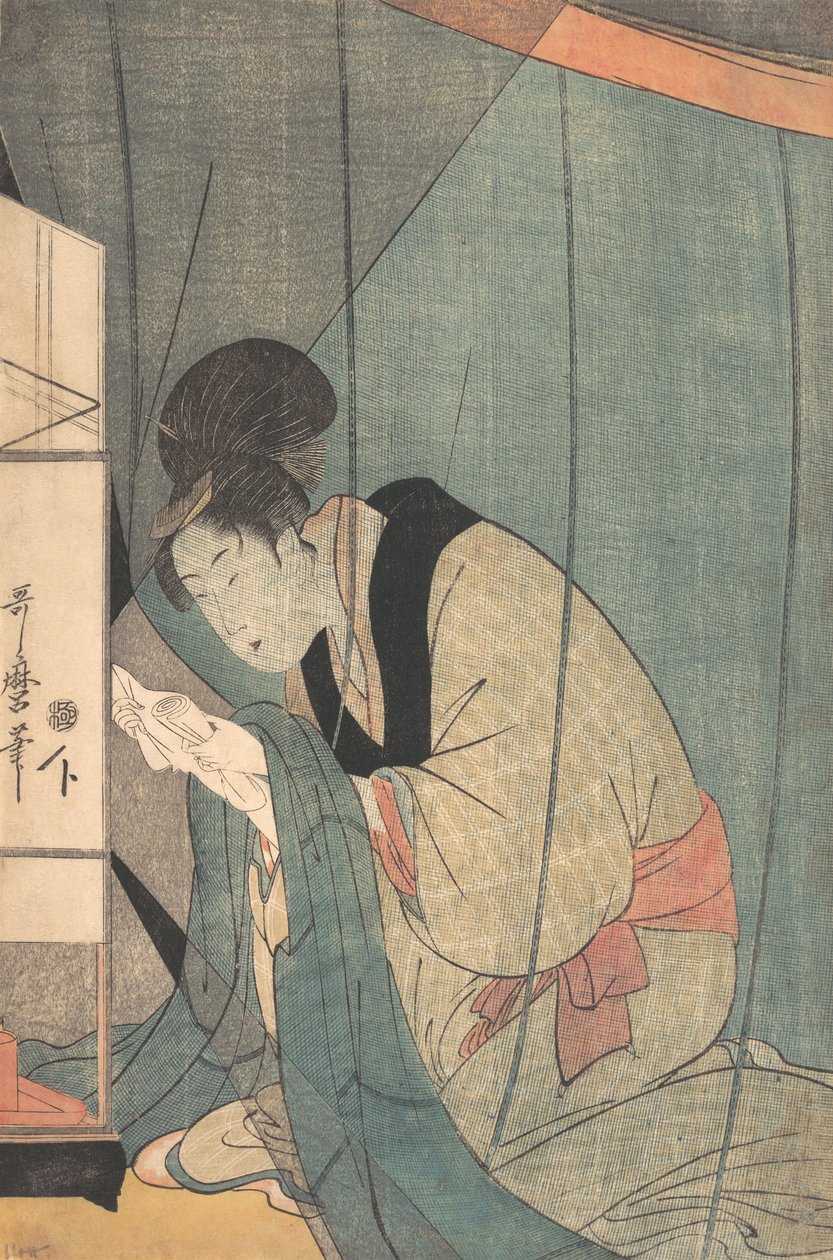 Nainen lukee kirjettä hyttysverkon alla, n. 1798. tekijältä Kitagawa Utamaro
