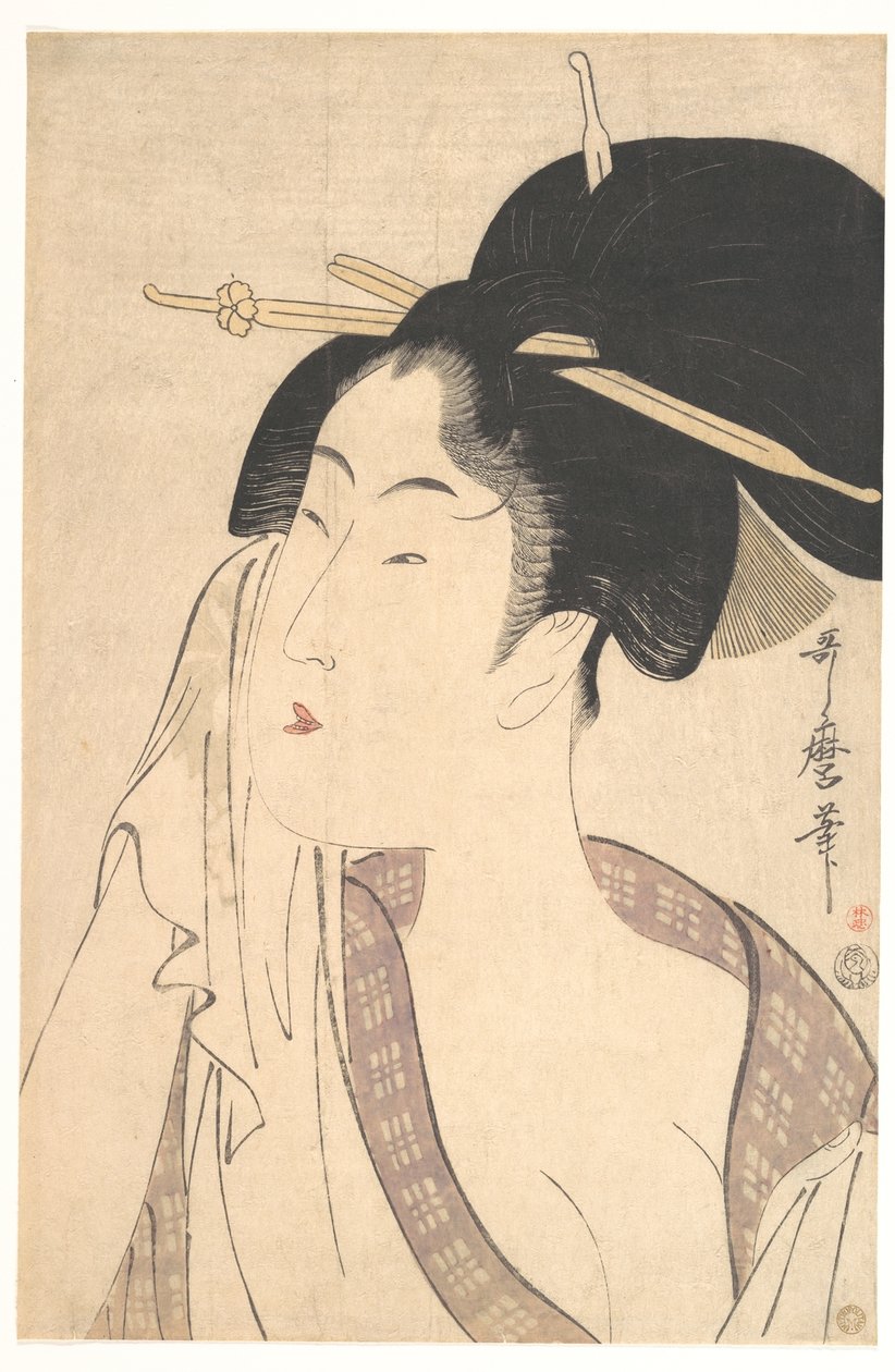 Nainen rentoutuu kylvyn jälkeen tekijältä Kitagawa Utamaro