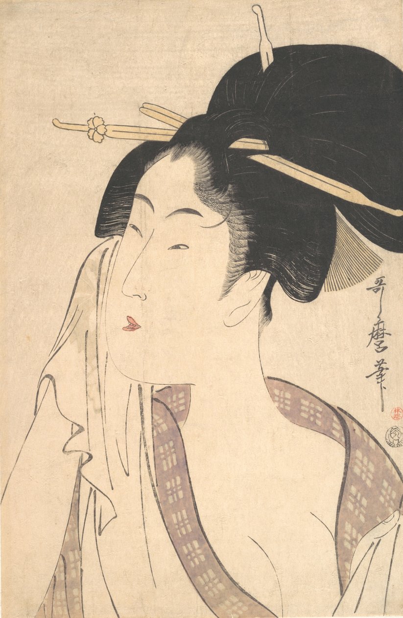 Nainen rentoutumassa kylvyn jälkeen, 1790-luku. tekijältä Kitagawa Utamaro