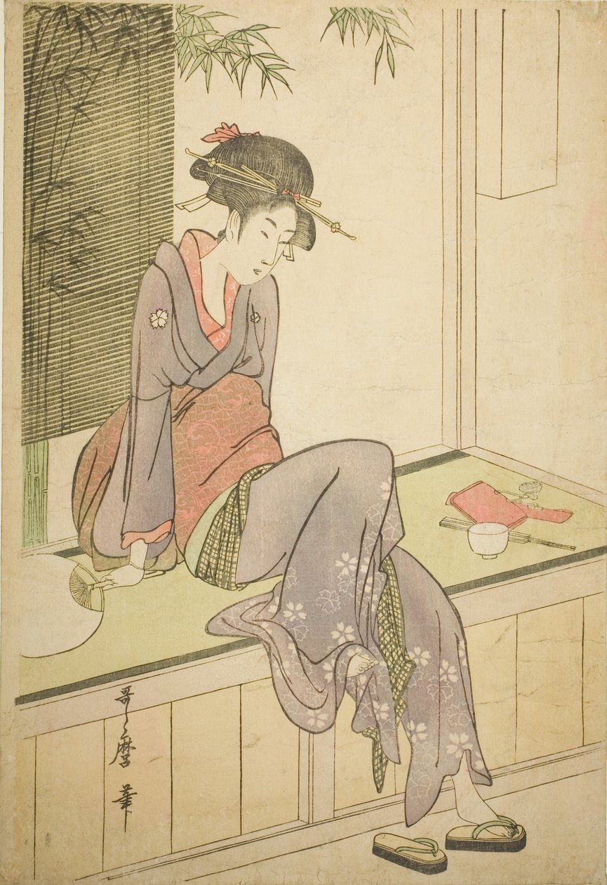 Nainen istuu verannalla tekijältä Kitagawa Utamaro