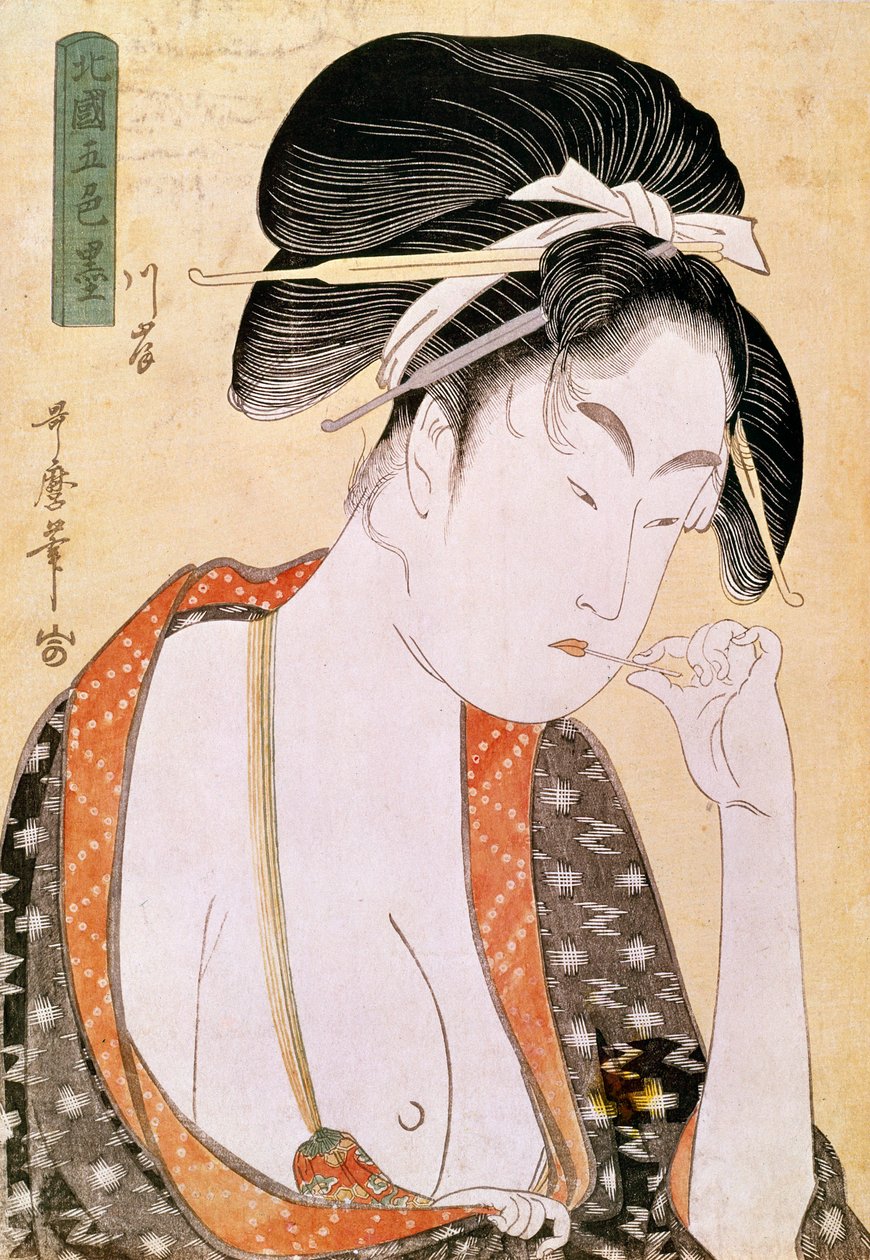 Nainen kaipaa huulia Utamaro Kitagawan (1753-1806) japanilainen printti. 1700-luvulla. Pariisi, Guimetin museo, Aasian taiteen museo tekijältä Kitagawa Utamaro
