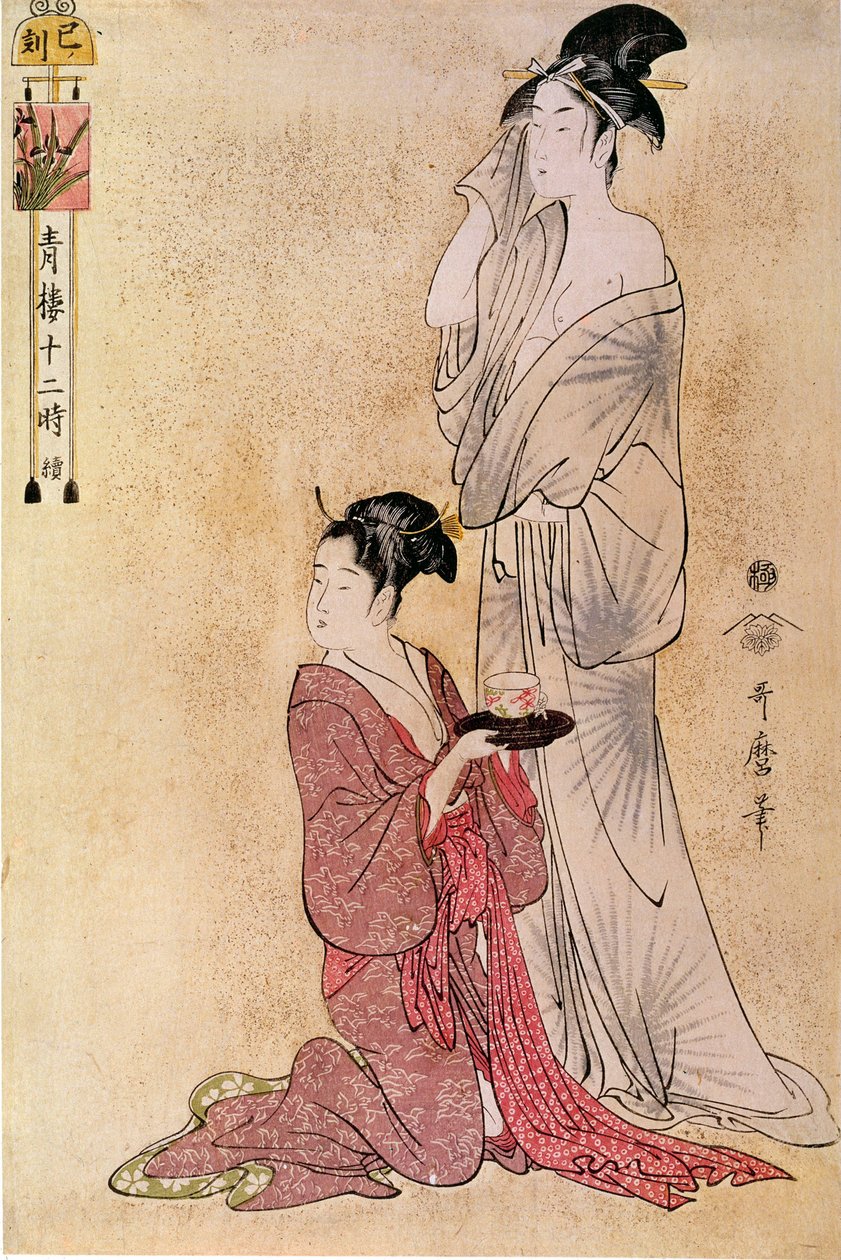 Naisen wc:tä auttaa hänen palvelijattarensa japanilainen printti, jonka on kirjoittanut Utamaro Kitagawa (1753-1806). 1700-luvulla. Pariisi, Guimetin museo, Aasian taiteen museo tekijältä Kitagawa Utamaro